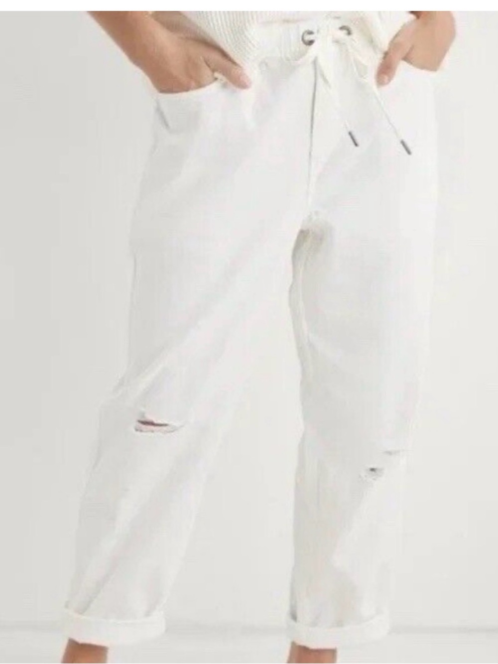 AERIE DISTRESSED WHITE PANTS pull on drawstring size XL